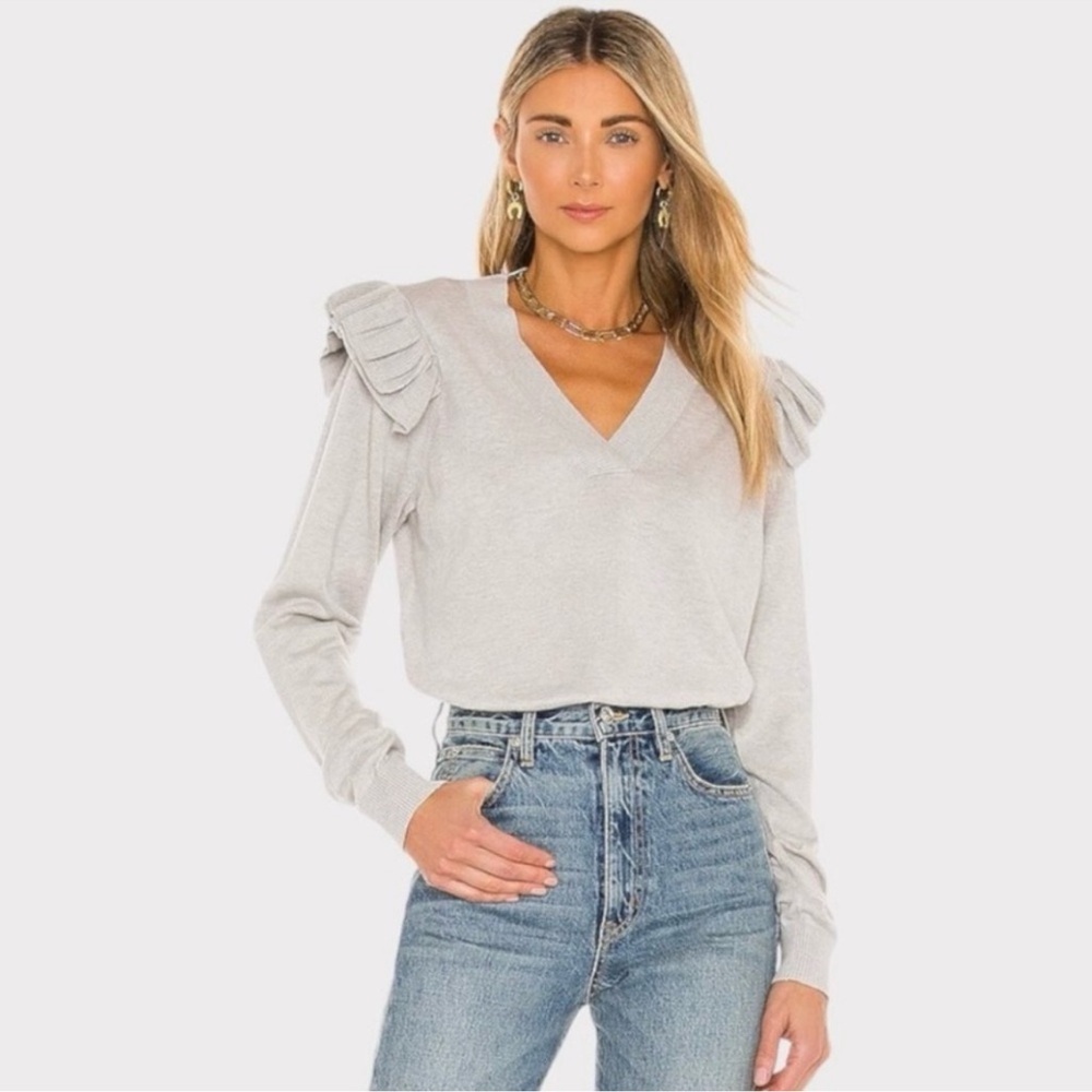 Gray V-Neck Ruffle Shoulder Sweater